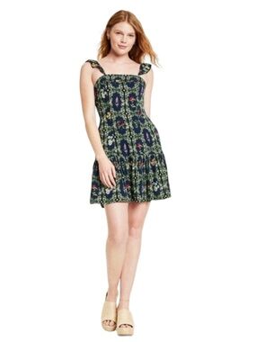 Agua Bendita Floral Mini Dress XL Navy Tiered Flutter Sleeve Feminine